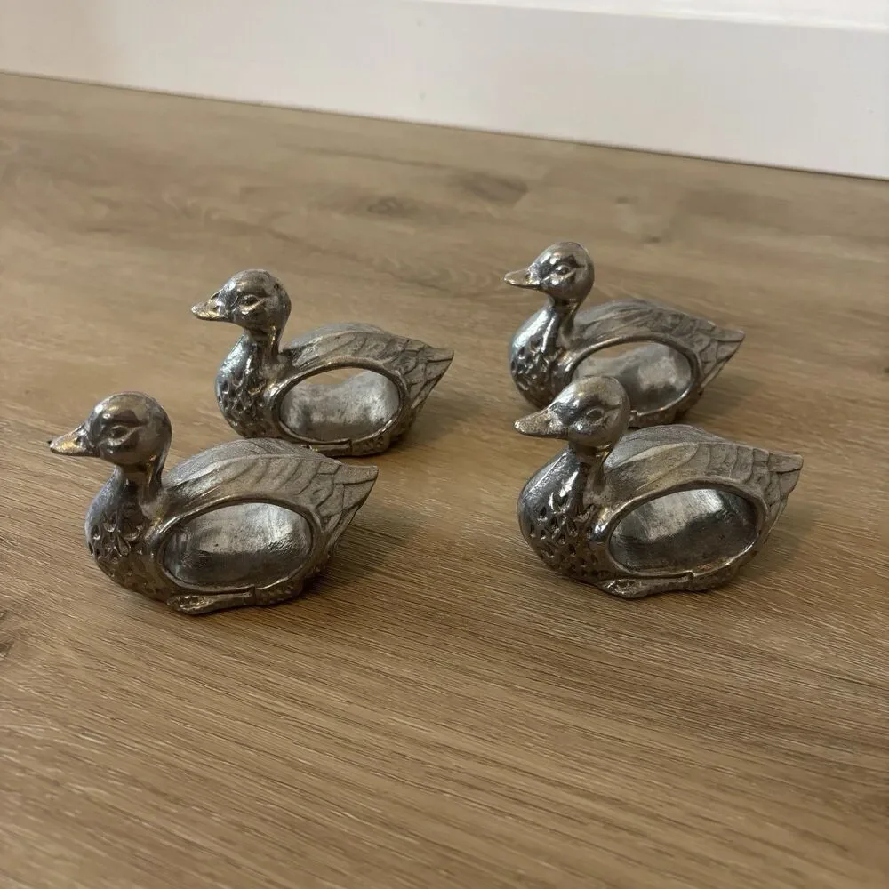Vintage Pewter/ Metal Duck Napkin Rings Set 4 Grandmacore Cottagecore TableDecor
